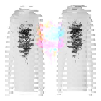 猫 花 カラフル かわいい アート 動物好き グラフィック 猫 長袖Tシャツ - Kawaiitshirt