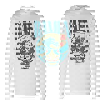 猫食べるラーメン キッズ&大人、日本の神奈川波ラーメン 長袖Tシャツ - Kawaiitshirt