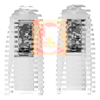 背中にラーメンを食べる緑色の目を持つ日本猫のデザイン。 長袖Tシャツ - Kawaiitshirt