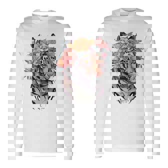 花柄 水彩 虎 花 王冠 虎好き 長袖Tシャツ - Kawaiitshirt