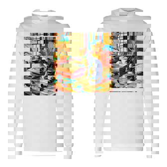 面白いtシャツ 猫 ネコ 読書 勉強 メンズ 猫好き グッズ おもしろ 面白い 服 ネタ 猫の下僕 浮世絵 長袖tシャツ 長袖Tシャツ - Kawaiitshirt