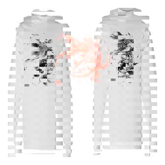 鯉 赤黒 アクアリウム ニシキゴイ 観賞魚 イラスト バックプリント 長袖Tシャツ - Kawaiitshirt