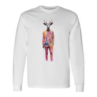 鹿 人間 アート カラフル 動物 絵画 グラフィック 鹿 長袖Tシャツ - Kawaiitshirt