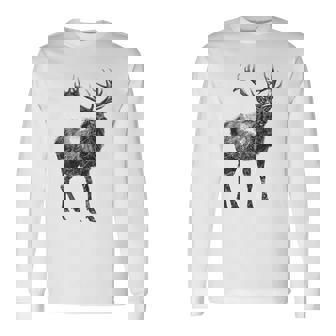 鹿 動物 プリント モチーフ 図面 イラスト ポートレート 鹿 長袖Tシャツ - Kawaiitshirt
