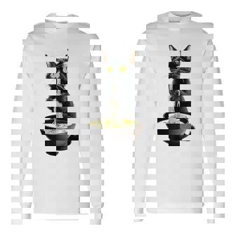 黒猫 ラーメン 麺 和食 長袖Tシャツ - Kawaiitshirt