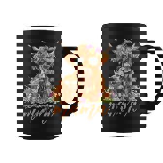 Cute Mama Highland Cow With Baby Calf Boho Floral Mommy Cow Coffee Mug - Monsterry
