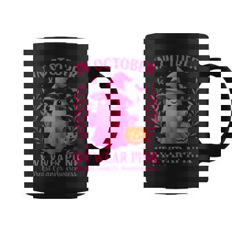 In October We Wear Pink Halloween Breast Cancer Awareness Coffee Mug | Mazezy