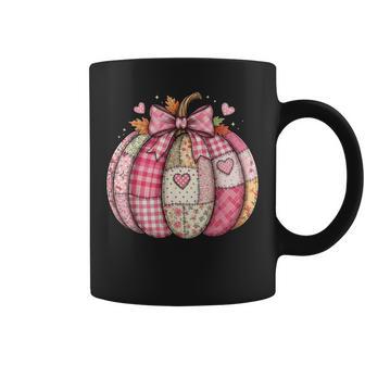 Pink Patchwork Fall Pumpkin Preppy Floral Girly Pumpkin Bow Coffee Mug - Thegiftio UK