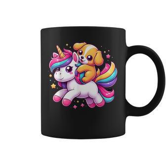 Unicorn Riding Puppy Para Niños Niñas Hombres Y Es Arcoíris Taza de café - Regaloses
