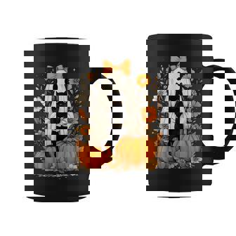 Vintage Halloween Ghost Holding Black Cat Groovy Floral Coffee Mug - Monsterry