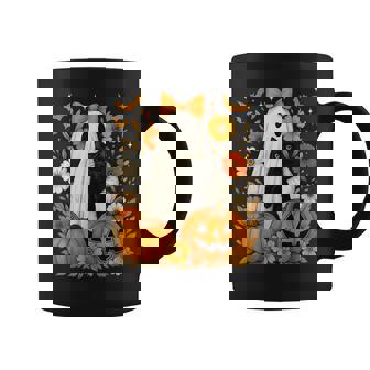 Vintage Halloween Ghost Holding Black Cat Groovy Floral Coffee Mug | Seseable CA