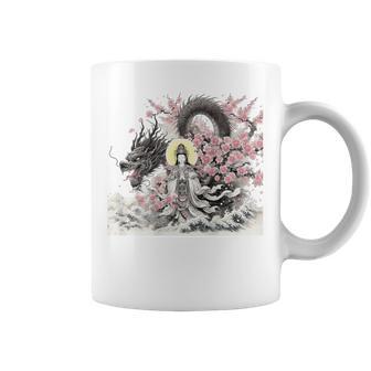 日本 浮世絵 観音菩薩 竜 桜 波 バックプリント コーヒーマグ - Kawaiitshirt