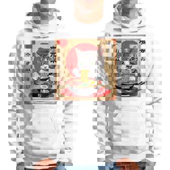 背中にラーメンを食べる緑色の目を持つ日本猫のデザイン。 パーカー - Kawaiitshirt