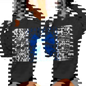 Cheer Mom Blue Bow Cheerleader Competition Game Day Women Hoodie | Mazezy