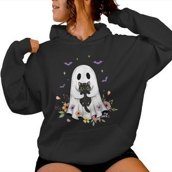 Cute Cat Ghost Flowers Spooky Halloween Vibes Women Women Hoodie - Thegiftio UK