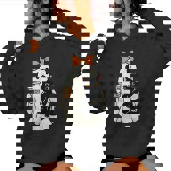 Cute Halloween Cat Ghost Drinking Coffee Ghost Girls Women Hoodie - Thegiftio