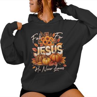 Fall For Jesus He Never Leaves Christian Faith Cross Pumpkin Women Hoodie - Thegiftio UK