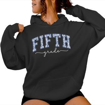 Fifth Grade Coquette Toile Blue Bow Floral Teacher Women Hoodie - Thegiftio UK