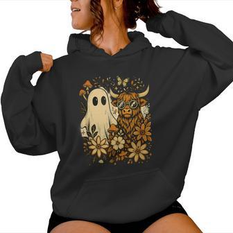 Highland Cow & Ghost Retro Autumn Floral Aesthetic Women Hoodie - Thegiftio UK