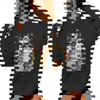 Patchwork Quilt Floral Pumpkin Coquette Bow Fall Halloween Women Hoodie - Monsterry