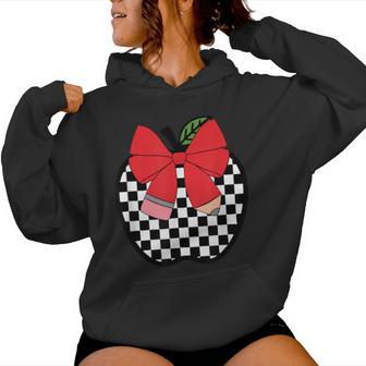 Retro Back To School Teacher Race Checkered Apple Pencil Bow Women Hoodie - Thegiftio UK