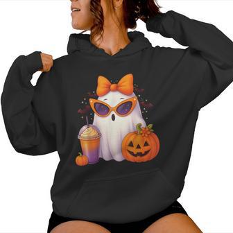 Spooky Cute Ghost Drinking Pumpkin Iced Coffee Halloween Bow Women Hoodie - Thegiftio UK