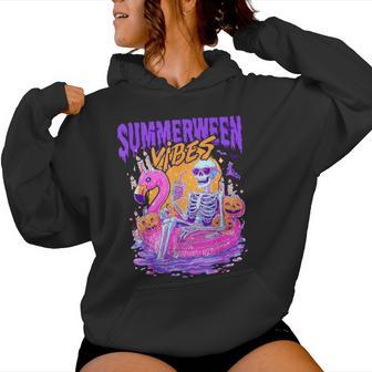 Summerween Vibes Spooky Skeleton Flamingo Pool Halloween Women Hoodie - Thegiftio UK