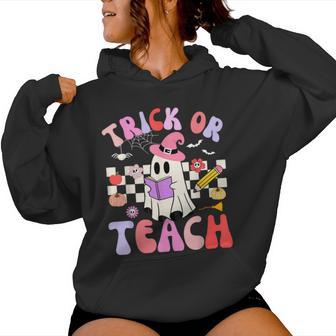 Trick Or Teach Halloween Groovy Teacher Retro Floral Ghost Women Hoodie - Thegiftio UK