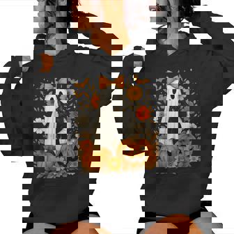 Vintage Halloween Ghost Holding Black Cat Groovy Floral Women Hoodie | Seseable CA