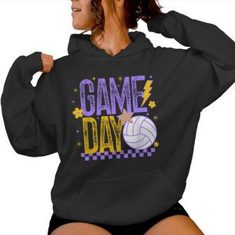 Volleyball Game Day Retro Girls Volleyball Mom Purple & Gold Women Hoodie - Thegiftio UK
