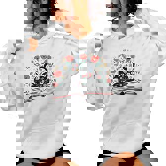 Cat Book Floral Cat Lover Cute Book Cat Bookworm Girls Women Women Hoodie - Monsterry