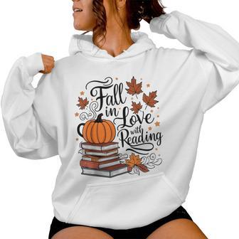 Fall In Love With Reading Book Autumn Pumpkins And Teachers Women Hoodie - Monsterry