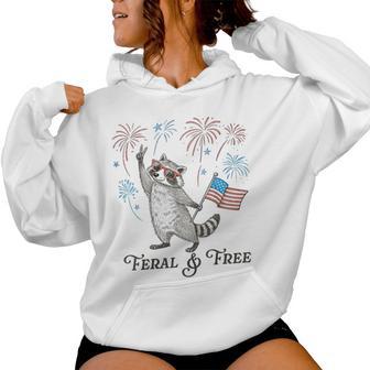 Feral & Free Usa Flag 4Th Of July Fireworks Raccoon Women Women Hoodie - Thegiftio UK