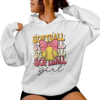 Groovy Softball Girl Girls Coquette Bow Softball Women Hoodie - Thegiftio UK