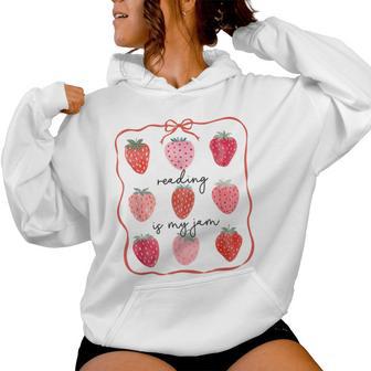 Reading Is My Jam Cute Strawberry School Librarian Women Hoodie - Thegiftio UK