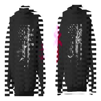 American Flag Pink Ribbon Breast Cancer Awareness Support Sweatshirt - Monsterry