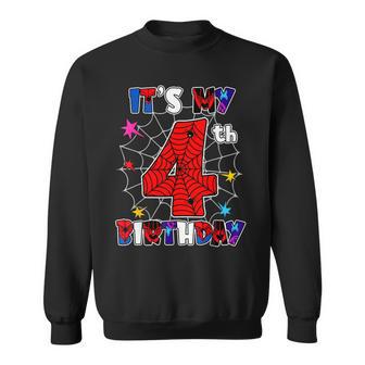 Birthday Party Spider Outfit It's My 4Th Birthday 4 Year Old Sweatshirt - Thegiftio