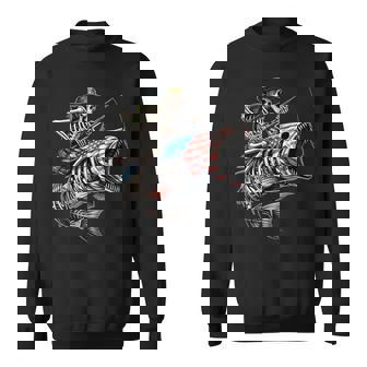 Fishing American Flag Bass Fish Skull Skeleton Fisherman Sweatshirt - Monsterry