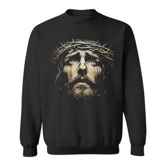 Jesus Christ Face With Crown Of Thorns God Bible Vintage Sweatshirt - Monsterry