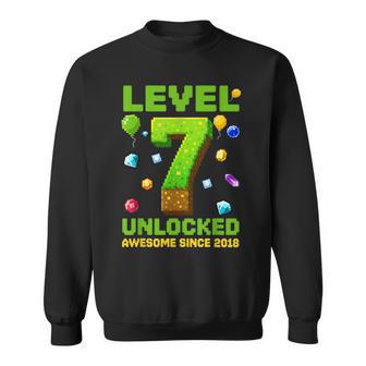 Level 7 Unlocked Awesome Since 2018 Pixel Birthday Sweatshirt - Thegiftio UK