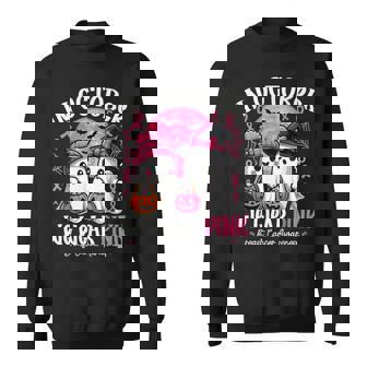 In October We Wear Pink Ghost Witch Breast Cancer Awareness Sweatshirt | Mazezy