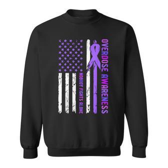 Overdose Awareness In August We Wear Purple Ribbon Usa Flag Sweatshirt - Thegiftio