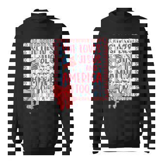 She Loves Jesus And America Too Faith Flag Fireworks Bow Sweatshirt | Mazezy