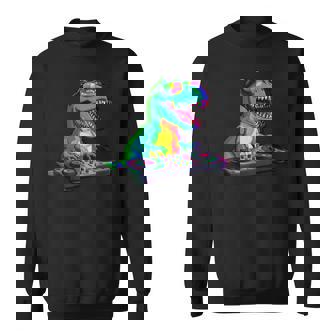 T-Rex Dj Optical Illusion T Rex Dinosaur Dino Edm Dance Sweatshirt - Monsterry