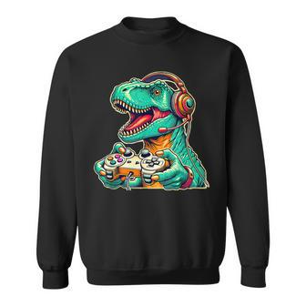T-Rex Gaming With Headset Dinosaur Gamer Graphic Sweatshirt - Thegiftio UK