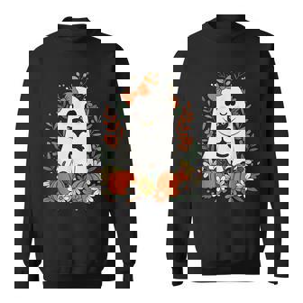 Vintage Cute Ghost With Black Cat And Pumpkins Halloween Sweatshirt - Monsterry