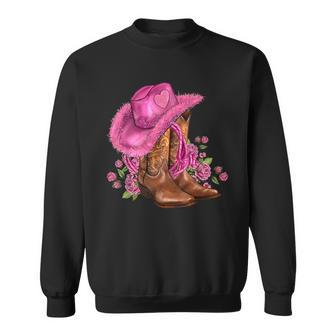 Western Country Pink Cowboy Boots Cowgirl Hat And Roses Sweatshirt - Thegiftio UK