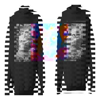 「お花畑のルディ猫」 油絵風ファンタジーアート 綺麗 かわいい オッドアイ リアル スウェットシャツ - Kawaiitshirt