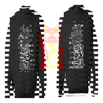 メキシコ 死者の日 と 招き猫 ネコ を組合わせた シュガー スカル キャット 赤 レッド 大吉 猫好き ねこマニア スウェットシャツ - Kawaiitshirt