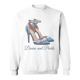 Denim And Pearls Glam High Heels Fashion Statement Sweatshirt - Thegiftio UK